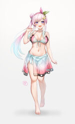 1girl :d absurdres airani_iofifteen alternate_costume barefoot bikini blue_hair bow_hairband breasts cleavage commentary commission dreadpunk english_commentary full_body gradient_hair green_hairband hair_bun hairband halterneck hand_up highres hololive hololive_indonesia large_breasts long_hair long_sidelocks looking_at_viewer multicolored_hair navel open_mouth palette_hair_ornament pink_bikini pink_hair pink_hairband print_bikini print_sarong purple_eyes sarong side_ponytail side_up_bun sidelocks simple_background single_hair_bun smile solo standing stomach straight-on swimsuit teeth two-tone_hairband upper_teeth_only vgen_commission virtual_youtuber white_background