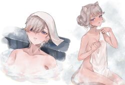 1boy 1girl animal_ears aqua_hair bare_shoulders blunt_bangs blush breasts brother_and_sister cat_ears cat_girl cat_tail cleavage collarbone crotch eyelashes fingernails fqczmknaum71262 genshin_impact grey_hair hair_bun half-closed_eyes hand_on_own_chest hands_up highres holding holding_towel long_bangs looking_at_viewer looking_up loose_hair_strand lynette_(genshin_impact) lyney_(genshin_impact) making-of_available mixed-sex_bathing multicolored_hair naked_towel onsen parted_lips partially_submerged purple_eyes shared_bathing short_hair siblings sideboob sidelocks sitting small_breasts steam streaked_hair swept_bangs tail topless_male towel towel_on_head twins water wet white_background white_mouth