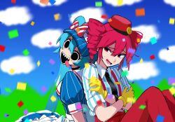 2girls :d apron artist_name black_eyes black_mouth black_necktie blue_dress blue_hat blue_shirt blue_sky blurry blurry_background blurry_foreground bow breasts bright_pupils cloud collared_shirt commentary confetti crazy crossed_arms depth_of_field diagonal-striped_bow dress dress_shirt drill_hair empty_eyes english_commentary eyelashes gloves hair_between_eyes hands_on_own_arms hat hat_bow hatsune_miku head_tilt highres kasane_teto knees_up liimonchi long_hair looking_at_another looking_back looking_to_the_side loose_hair_strand lower_teeth_only medium_breasts medium_hair mesmerizer_(vocaloid) motion_blur multiple_girls name_tag necktie nervous_smile nervous_sweating on_ground open_mouth pants pinstripe_dress pinstripe_hat pinstripe_pattern raised_eyebrows red_eyes red_hair red_hat red_pants shaded_face sharp_teeth shirt sidelocks signature sitting sky smile smiley_face socks striped_bow striped_clothes striped_shirt suspenders sweat teeth tongue tongue_out twin_drills twitter_username upper_teeth_only utau vertical-striped_clothes vertical-striped_shirt very_long_hair vocaloid waist_apron white_apron white_pupils white_shirt white_socks worried wrist_cuffs yellow_gloves