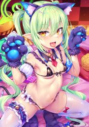 1girl animal_ears bare_shoulders blue_archive blush breasts cat_ears cat_tail fake_animal_ears fake_tail green_hair highres loli long_hair looking_at_viewer navel nozomi_(blue_archive) pointy_ears small_breasts spread_legs squatting tail toraishi_666 twintails very_long_hair yellow_eyes