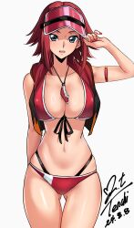 Rule 34 | 1girl, absurdres, artist name, bikini, blue eyes, breasts, code geass, cropped jacket, dated, female focus, highres, jewelry, kouzuki kallen, large breasts, necklace, parted bangs, red hair, shiny skin, simple background, standing, swimsuit, visor cap, white background, yoo tenchi