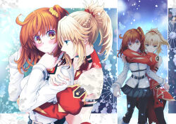 2girls bandeau belt black_pantyhose black_skirt blonde_hair blush braid chaldea_uniform closed_mouth collar commentary detached_sleeves fate/grand_order fate_(series) flustered from_side fujimaru_ritsuka_(female) green_eyes hair_ornament hair_scrunchie high_side_ponytail highres hug hug_from_behind long_sleeves looking_at_another mordred_(fate) multiple_girls nervous orange_hair pantyhose pelvic_curtain ponytail puffy_sleeves red_bandeau red_collar red_scrunchie red_skirt red_sleeves renia_(xxx_wg_869) scrunchie serious sidelocks skirt snowflakes snowing sweat teeth yellow_eyes yuri