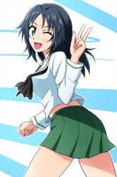 1girl black_neckerchief blue_eyes girls_und_panzer highres long_hair neckerchief omachi_(slabco) one_eye_closed ooarai_school_uniform school_uniform smile solo yamagou_ayumi