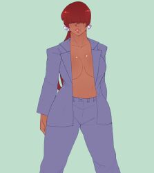 Rule 34 | 1girl, 1shermieaday, breasts, curvy, dark-skinned female, dark skin, earrings, female focus, formal clothes, heart, huge breasts, jacket, jewelry, large breasts, long hair, long sleeves, marellartt, no bra, open clothes, pants, ponytail, red hair, shermie (kof), standing, suit, suit jacket, tan, the king of fighters, thick thighs, thighs, twintails, undressing, wide hips