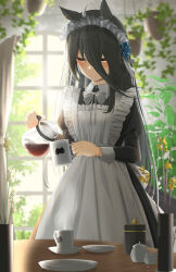 alternate_costume alternate_hairstyle animal_ears apron black_dress black_hair blue_flower blush bow bowtie closed_mouth coffee coffee_mug cup dress flower hair_between_eyes hair_flower hair_ornament highres holding holding_coffee_pot holding_cup horse_ears horse_girl horse_tail long_hair maid maid_apron maid_headdress manhattan_cafe_(umamusume) mug tail umamusume vami white_apron white_bow white_bowtie yellow_eyes