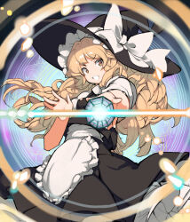 1girl :d apron asakura_maru black_hat black_skirt black_vest blonde_hair bow collared_shirt commentary_request cowboy_shot frilled_apron frilled_hat frills hair_between_eyes hat hat_bow hat_ribbon holding kirisame_marisa large_hat long_hair looking_at_viewer magic magic_circle messy_hair mini-hakkero open_mouth orange_eyes outstretched_arm reaching reaching_towards_viewer ribbon shirt short_sleeves sidelocks skirt smile solo teeth touhou vest waist_apron white_apron white_bow white_ribbon white_shirt witch_hat