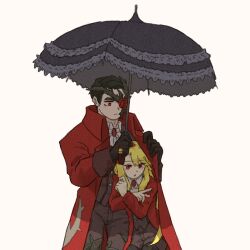 1boy 1girl ascot black_corset black_hair black_pants black_umbrella black_vest blonde_hair coat collared_shirt corset don_quixote_(project_moon) flower flower_in_eye gem highres holding holding_umbrella limbus_company long_hair looking_at_another meursault_(project_moon) pants project_moon red_brooch red_coat red_eyes red_flower red_gemstone red_rose rose shirt simple_background standing symbol_in_eye teryaa125 thorns umbrella vest white_ascot white_background white_shirt yearning-mircalla_(e.g.o)