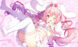 1girl animal_ears arm_cuffs bow breasts commentary_request commission frilled_thighhighs frills fur_wrist_cuffs hair_ornament hair_ribbon hairband hairclip highres indie_virtual_youtuber lolita_hairband long_hair lop_rabbit_ears medium_breasts momozu_komamochi one_eye_closed open_mouth pink_background pink_bow pink_eyes pink_hair rabbit_ears rabbit_tail red_bow red_ribbon ribbon shirt skeb_commission skirt sleeveless sleeveless_shirt smile star_(symbol) star_hair_ornament tail thighhighs thighs usa_mimi_(vtuber) very_long_hair virtual_youtuber white_shirt white_skirt white_thighhighs wrist_cuffs