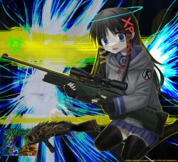 1girl 2000s_(style) abstract_background ai_arctic_warfare black_thighhighs blue_eyes blue_skirt bolt_action breasts brown_hair commentary counter-strike_(series) diu9you english_commentary grey_hoodie gun hair_ornament halo highres holding holding_gun holding_weapon hood hoodie long_hair os-tan rifle seiza sitting skirt sniper_rifle solo thighhighs weapon xp-tan zettai_ryouiki