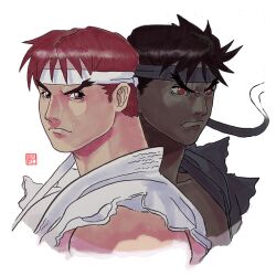 auburn_hair comparison dark_skin dougi evil_ryu headband highres karate_gi official_alternate_costume official_alternate_hairstyle red_hair rgm501 ryu_(street_fighter) serious signature simple_background standing street_fighter thick_eyebrows