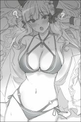 1girl bad_id bad_twitter_id bikini blush bow bowtie breasts cleavage commentary_request curly_hair elf eyes_visible_through_hair flower greyscale hair_flower hair_ornament jacket large_breasts layered_bikini long_hair looking_at_viewer lying mobu monochrome navel open_mouth pointy_ears princess_connect! ribbon saren_(princess_connect!) saren_(summer)_(princess_connect!) solo sweatdrop swimsuit