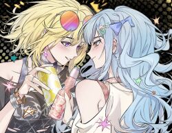 2girls absurdres bang_dream! bang_dream!_it&#039;s_mygo!!!!! black_shirt blue_bow blue_hair blush bottle bow bracelet can chinese_commentary closed_mouth clothing_cutout commentary_request ear_piercing earrings eyewear_on_head glint gradient_eyes hair_between_eyes hair_bow hero45439083942 highres holding holding_bottle holding_can jewelry linked_piercing long_hair misumi_uika multicolored_eyes multiple_girls open_mouth piercing purple_eyes ramune ring shirt shoulder_cutout sidelocks togawa_sakiko upper_body white_shirt yellow_eyes