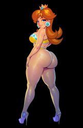 Rule 34 | 1girl, absurdres, ass, blue eyes, breasts, brown hair, curvy, freckles, high heels, highres, huge ass, large breasts, lingerie, lips, looking at viewer, looking back, mario (series), naughty face, nintendo, princess daisy, robaato, super mario bros. 1, thick thighs, thighs, underwear
