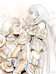 2boys ^_^ aries_muu blonde_hair bridal_veil cape closed_eyes couple eyelashes fake_horns from_side gold_cloth gold_saint grin hand_on_own_head hand_up holding_hands horned_armor horns husband_and_husband knee_spikes kneeling long_hair male_focus mizuhara_aki multiple_boys no_headwear profile purple_hair saint_seiya sheep_horns size_difference smile taurus_aldebaran thick_eyebrows trap unibrow veil white_cape yaoi