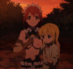 Rule 34 | 00s, 2girls, breasts, cecily cambell, gloves, hairband, highres, lisa (seiken no blacksmith), medium breasts, medium hair, multiple girls, navel, nipples, red eyes, red hair, seiken no blacksmith, stitched, third-party edit, torn clothes