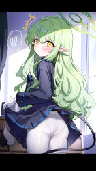 Rule 34 | !, 1girl, absurdres, blue archive, blush, closed mouth, clothes lift, earrings, gloves, green hair, halo, highres, hikari (blue archive), jewelry, lifting own clothes, long hair, long sleeves, looking at viewer, looking back, panties, panties under pantyhose, pantyhose, pointy ears, sak (lemondisk), skirt, skirt lift, spoken exclamation mark, tail, underwear, variant set, white gloves, white panties, white pantyhose, yellow eyes
