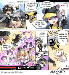 1boy 3girls 3others animal_ears arknights ayerscarpe_(arknights) baseball_cap cat click_(arknights) dizzy drone drugged drugs english_text folinic_(arknights) fox_ears fox_girl fox_tail hallucination hat highres hm_(hmongt) hood kitsune mongoose_ears mouse_ears mouse_girl mouse_tail multiple_girls multiple_others multiple_tails mushroom rabbit_boy rabbit_ears recording suzuran_(arknights) tail vial video_camera