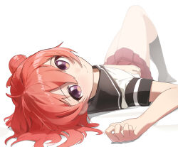 1girl absurdres ahoge akaza_akari alternate_hairstyle black_socks brown_sailor_collar closed_mouth flat_chest hair_between_eyes hair_bun hand_on_own_stomach highres keibi_inu kneehighs knees_up light_blush looking_at_viewer lying miniskirt nanamori_school_uniform no_shoes on_back pleated_skirt purple_eyes red_hair red_skirt sailor_collar sailor_shirt school_uniform serafuku shadow shirt short_hair short_sleeves skirt smile socks solo tareme thighhighs thighs white_background white_shirt yuruyuri
