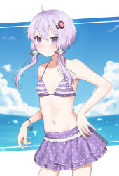 1girl adjusting_clothes adjusting_skirt adjusting_swimsuit ahoge bare_arms bare_shoulders bikini bikini_skirt blue_sky bracelet breasts closed_mouth cloud collarbone commentary cowboy_shot cumulonimbus_cloud day double-parted_bangs frilled_bikini frilled_skirt frills hair_between_eyes hair_ornament highres jewelry kirima_(zs_at_) letterboxed looking_at_viewer miniskirt navel ocean outside_border polka_dot polka_dot_bikini polka_dot_skirt purple_bikini purple_eyes purple_hair purple_skirt ribs short_hair_with_long_locks skinny skirt sky small_breasts smile solo standing stomach swimsuit vocaloid voiceroid yuzuki_yukari