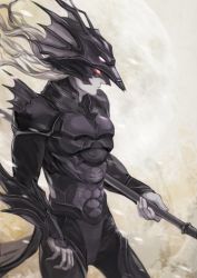 1boy armor cain_highwind closed_mouth dragoon final_fantasy final_fantasy_iv grey_hair helmet long_hair male_focus polearm simple_background solo spear uonomeuroko weapon