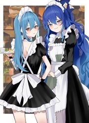 Rule 34 | 2girls, absurdres, alternate costume, apron, back bow, black dress, blue bow, blue eyes, blue hair, blush, bow, choker, closed mouth, commentary, cup, dress, enmaided, food, frilled choker, frills, hair bow, highres, hinanawi tenshi, holding, holding tray, juliet sleeves, kaminose (user veum4325), long hair, long sleeves, looking at viewer, looking back, maid, maid apron, maid day, maid headdress, multiple girls, orange eyes, pancake, patchwork clothes, puffy short sleeves, puffy sleeves, short sleeves, steam, sweatdrop, teacup, touhou, tray, very long hair, white apron, white bow, yorigami shion