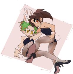 Rule 34 | 1boy, 1girl, :o, arm up, black footwear, blush, breasts, brown background, brown eyes, brown hair, brown pantyhose, detached collar, green hair, high heels, husband and wife, leotard, looking at viewer, male playboy bunny, pantyhose, playboy bunny, ponytail, ridin (ridin7188), samurai usagi, simple background, small breasts, sweatdrop, thick eyebrows, udogawa gosuke, udogawa shino, white background, wrist cuffs, yellow eyes