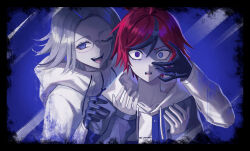 Rule 34 | 2boys, aotsuki eito, black border, black gloves, black streaks, blue background, blue eyes, blue jacket, border, drawstring, glasses, gloves, grey hair, grey jacket, hand on another&#039;s face, hand on another&#039;s shoulder, heterochromia, highres, hood, hoodie, jacket, jacket over hoodie, looking at viewer, male focus, marchsan, multicolored hair, multicolored jacket, multiple boys, nervous sweating, one eye closed, red hair, scared, short hair, smile, streaked hair, sumino takumi, sweat, the hundred line -last defense academy-, two-tone jacket, white hoodie, white jacket