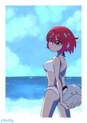 1girl adversarial_noise amate_yuzuriha artist_name beach bikini breasts commentary cowboy_shot english_commentary green_eyes gundam gundam_gquuuuuux haro highres medium_breasts ocean red_hair short_hair supermondobeat swimsuit white_bikini