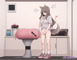 1futa altica2301 animal_ears bar_censor blue_eyes blush bottomless breasts breeding_mount brown_hair censored erection full_body futanari futanari_masturbation grey_shirt hand_on_own_chest heart highres indoors large_penis laundry_basket long_hair masturbation medium_breasts original penis pixiv_username plant potted_plant shirt shoes sneakers socks solo spoken_heart standing tail testicles tied_shirt white_socks