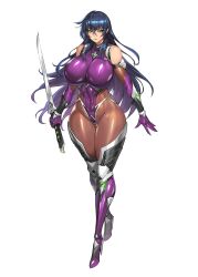 1girl arm_guards armored_boots arms_at_sides bare_shoulders blue_hair bodystocking boots breasts closed_mouth covered_navel crossed_bangs curvy dark_blue_hair elbow_gloves full_body gloves green_eyes gurimjang high_heel_boots high_heels highleg highleg_leotard highres holding holding_sword holding_weapon igawa_asagi impossible_clothes impossible_leotard large_breasts leotard lipstick long_hair looking_at_viewer makeup purple_boots purple_gloves purple_leotard red_lips redesign reverse_grip shiny_clothes simple_background skin_tight standing sword taimanin_(series) taimanin_asagi taimanin_rpgx thigh_boots thigh_gap thighhighs very_long_hair weapon white_background