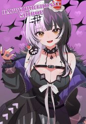 1girl belt black_belt black_choker black_coat black_dress black_hair black_nails breasts chest_belt choker cleavage coat commentary cross cross_earrings dress earrings english_commentary fingernails fur-trimmed_coat fur_trim grey_hair hair_ornament hana20000920 hand_up happy_birthday hat heart highres hololive hololive_english jewelry large_breasts long_fingernails long_hair long_sleeves looking_at_viewer multicolored_hair multiple_rings nail_polish off_shoulder open_clothes open_coat open_mouth party_hat ring second-party_source shiori_novella shiori_novella_(1st_costume) sleeveless sleeveless_dress smile solo split-color_hair two-tone_hair upper_body virtual_youtuber yellow_eyes yorick_(shiori_novella)