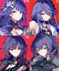 Rule 34 | 4girls, absurdres, acheron (honkai: star rail), armor, bandaged arm, bandages, black choker, black gloves, black shirt, black shrug, breasts, choker, cleavage, closed mouth, commentary request, company connection, criss-cross halter, dated, earrings, genshin impact, gloves, hair ornament, hair over one eye, halterneck, hand up, highres, honkai: star rail, honkai (series), honkai impact 3rd, in-franchise crossover, jewelry, long hair, look-alike, looking at viewer, medium breasts, mihoyo, mole, mole under eye, multicolored hair, multiple girls, name connection, official alternate costume, portrait, purple eyes, purple hair, raiden mei, raiden mei (danzai spectramancer), raiden shogun, red background, red eyes, sawashiro miyuki, shirt, shoulder armor, shrug (clothing), single bare shoulder, sparks summer, streaked hair, very long hair, vike (zenless zone zero), voice actor connection, zenless zone zero