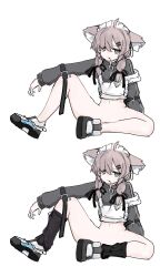 Rule 34 | 1girl, absurdres, animal ear fluff, animal ears, apron, artist request, bags under eyes, bandaid, bandaid on knee, bandaid on leg, belt, black ribbon, black socks, bottomless, braid, character request, covering privates, grey eyes, grey jacket, hair between eyes, hair ornament, hair ribbon, hairclip, headdress, heart, highres, jacket, japanese text, legs, long hair, looking at viewer, maid, maid apron, maid headdress, navel, no panties, no pants, ribbon, shoes, side braid, sidelocks, simple background, socks, solo, tagme, thighs, track jacket, white background