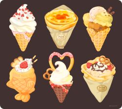 banana banana_slice brown_background chocolate_syrup cinnamon_stick crepe food food_focus food_wrapper fruit ice_cream ice_cream_cone no_humans original pocky pretzel rizu_(rizunm) simple_background sprinkles strawberry twitter_username