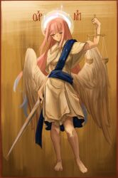 Rule 34 | 1girl, angel wings, archangel michael, arm up, balance scale, barefoot, blue archive, blue hair, breasts, brown background, capelet, closed eyes, closed mouth, commentary, dress, english commentary, full body, gradient hair, hair bun, halo, highres, holding, holding sword, holding weapon, long hair, low wings, medium breasts, mika (blue archive), multicolored hair, pink hair, prismaticgeyser, sidelocks, single side bun, sleeveless, sleeveless dress, smile, solo, sword, the bible, very long hair, weapon, weighing scale, white capelet, white dress, white wings, wings, yellow background