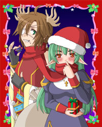 1boy 1girl antlers black_gloves box breasts brown_horns christmas cigarette commentary_request cowboy_shot cross cross_necklace dress eyepatch fingerless_gloves fur-trimmed_headwear fur_trim gift gift_box gloves green_eyes green_hair grin hat holly horns jewelry juliet_sleeves long_hair long_sleeves looking_at_viewer medical_eyepatch medium_breasts monou0135 necklace pointy_ears priest_(ragnarok_online) professor_(ragnarok_online) puffy_sleeves purple_background purple_dress ragnarok_online red_eyes red_hat red_scarf red_shirt sack santa_hat scarf shared_clothes shared_scarf shirt short_hair sleeveless sleeveless_shirt smile star_(symbol) v-shaped_eyebrows