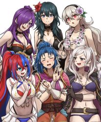 6+girls armor bikini black_bikini blue_eyes blue_hair breasts female_alear_(fire_emblem) female_alear_(seaside_dragon)_(fire_emblem) female_byleth_(fire_emblem) female_byleth_(summer)_(fire_emblem) female_corrin_(fire_emblem) female_corrin_(novice_vacationer)_(fire_emblem) female_kris_(fire_emblem) female_robin_(fire_emblem) female_robin_(seaside_tactician)_(fire_emblem) female_shez_(fire_emblem) female_shez_(summer)_(fire_emblem) fire_emblem fire_emblem:_new_mystery_of_the_emblem fire_emblem:_three_houses fire_emblem_awakening fire_emblem_engage fire_emblem_fates fire_emblem_heroes fire_emblem_warriors:_three_hopes flower flower_necklace grey_eyes grey_hair hair_flower hair_ornament heterochromia highres in-franchise_crossover jewelry large_breasts looking_at_another multicolored_hair multiple_girls necklace nintendo official_alternate_costume official_alternate_hairstyle ponytail purple_bikini purple_eyes purple_hair red_eyes red_hair shoulder_armor split-color_hair sweatdrop swimsuit twintails white_bikini zuzu_(ywpd8853)