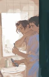 2boys ace_attorney arm_around_neck bathroom black_hair chunru99_0904 closed_eyes commentary curtained_hair curtains from_side grey_hair hair_slicked_back hashtag-only_commentary highres holding holding_toothbrush kiss kissing_neck male_focus miles_edgeworth mirror multiple_boys parted_lips phoenix_wright shirt short_hair sink sketch sleeves_rolled_up toothbrush toothpaste white_shirt yaoi