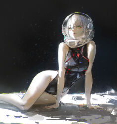 1girl absurdres bare_shoulders black_bodysuit black_leotard bodysuit commentary cyberpunk_(series) cyberpunk_edgerunners dudrinm english_commentary green_eyes helmet highres leotard looking_at_viewer lucy_(cyberpunk) moon short_hair solo space space_helmet white_hair