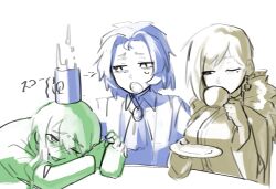 1girl 2boys :o ascot beer_can binah_(project_moon) blue_hair blush can chesed_(project_moon) coffee_mug collared_shirt commentary_request cup drink_can drunk fur_trim green_hair highres library_of_ruina long_hair long_sleeves looking_at_another mug multiple_boys netzach_(project_moon) one_eye_closed partially_colored project_moon shirt simple_background sutek1na_game sweatdrop tea upper_body white_background