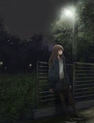 1girl a9x3 against_fence black_pantyhose black_shoes black_skirt blue_coat brown_hair coat converse double-parted_bangs fence full_body glowing grey_sky highres lamppost long_hair looking_up night original outdoors painterly pantyhose scenery shirt shoes sidelocks skirt sky tree white_shirt