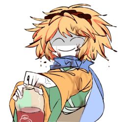 1other androgynous anger_vein blue_scarf bottle closed_eyes closed_mouth colored_skin green_shirt hairband holding holding_bottle len&#039;en ling_s long_sleeves no_nose orange_hair orange_sleeves other_focus red_hairband scarf shaded_face shirt simple_background sketch smile solo stain stained_clothes two-sided_sleeves upper_body white_background white_skin zuifeng_tenkai