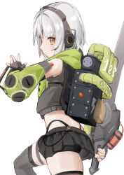 Rule 34 | 1girl, absurdres, anby demara, ass, black gloves, black skirt, braid, brown eyes, cowboy shot, dodo (yatotoyatoto), fingerless gloves, fingernails, from side, gloves, hair between eyes, headphones, highres, holding, holding sword, holding weapon, light blush, looking at viewer, midriff, short hair, side braid, sidelocks, skirt, solo, sword, weapon, white hair, zenless zone zero