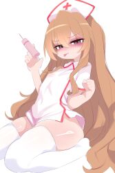 1girl aisaka_taiga blush brown_hair covered_navel hat highres holding holding_syringe kneehighs kukuchi581 loli long_hair nurse nurse_cap pear-shaped_figure socks solo syringe thick_thighs thighhighs thighs tongue tongue_out toradora! very_long_hair white_background white_thighhighs