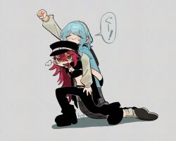 11230kingyo 2girls banchou black_hat blue_hair brown_eyes carrying closed_eyes delinquent hair_between_eyes hat highres kimi_no_koto_ga_dai_dai_dai_dai_daisuki_na_100-nin_no_kanojo long_hair long_sleeves multiple_girls nemui_nemu open_mouth piggyback red_hair smile tomogara_saki
