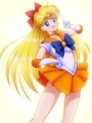 1girl aino_minako back_bow bishoujo_senshi_sailor_moon blonde_hair blue_eyes bow breasts choker earrings elbow_gloves gloves hair_bow highres jewelry long_hair looking_at_viewer magical_girl medium_breasts mimimix open_mouth orange_skirt red_bow sailor_collar sailor_senshi_uniform sailor_venus skirt smile white_gloves