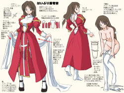 1girl black_shoes bra breasts brown_eyes brown_hair closed_mouth commentary_request dress expressionless full_body high_priest_(ragnarok_online) juliet_sleeves long_hair long_sleeves looking_at_viewer medium_breasts multiple_views nipples panties panty_pull pointing_out_the_details puffy_sleeves ragnarok_online red_dress sash shoes standing tatsumi_ray thighhighs translation_request two-tone_dress underwear undressing white_bra white_dress white_sash white_thighhighs