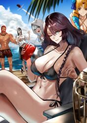 2boys 3girls absurdres add_(fate) astraea_(fate) bare_shoulders beach bikini birdcage black_bikini blue_sky blush breasts cage cleavage fate/grand_order fate_(series) gray_(fate) grin highres iskandar_(fate) jikihatiman large_breasts long_hair looking_at_viewer lord_el-melloi_ii multiple_boys multiple_girls navel one_eye_closed open_mouth sky smile swimsuit thighs waver_velvet
