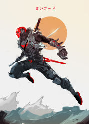1boy absurdres airborne batman_(series) black_bodysuit black_shoes bodysuit commentary dc_comics dexter_soy dual_wielding english_commentary from_side grey_jacket gun handgun helmet highres holding holding_gun holding_sword holding_weapon hood hooded_jacket jacket jason_todd katana male_focus red_hood_(dc) reverse_grip shoes sneakers solo superhero_costume sword thigh_strap torn_clothes torn_jacket weapon weapon_on_back