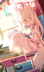 1girl absurdres ahoge animal_ear_fluff animal_ears apple apron blonde_hair blunt_bangs blurry blurry_background blurry_foreground blush book book_stack breasts closed_mouth collared_dress commission depth_of_field detached_sleeves dress food fox_ears fox_girl fox_tail frilled_dress frills fruit glasses highres holding holding_pen indoors knees_up long_hair long_sleeves looking_at_viewer medium_breasts on_chair open_book original panties pantyhose pantyshot pen pink_dress puffy_sleeves round_eyewear shiro9jira sitting skeb_commission sleeveless sleeveless_dress smile solo tail thighhighs underwear very_long_hair white_panties white_pantyhose white_thighhighs window yellow_eyes